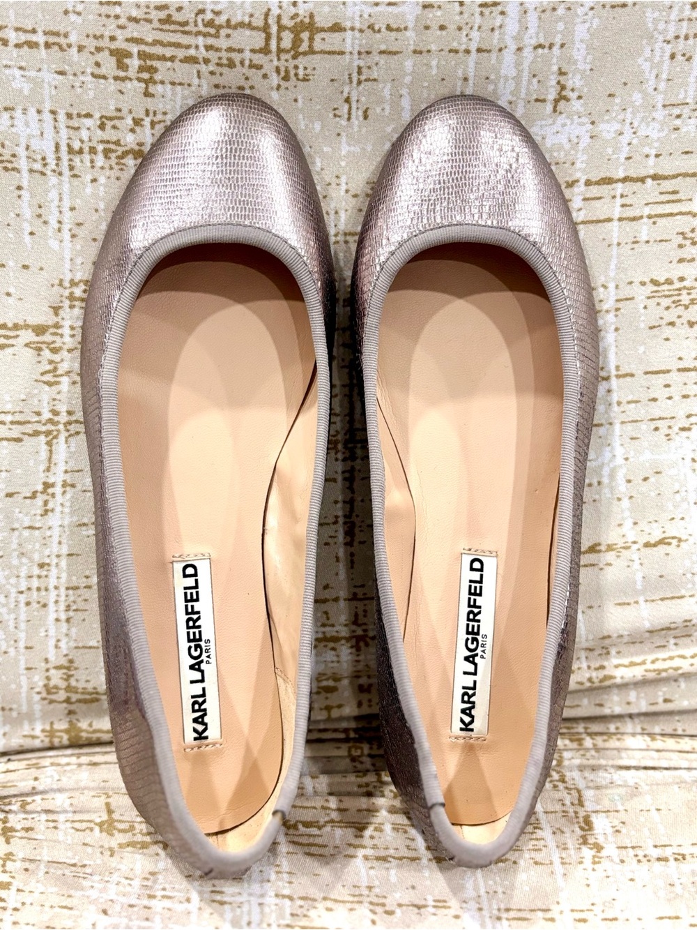Karl Lagerfeld Silver Metallic Textured Ballet Flats